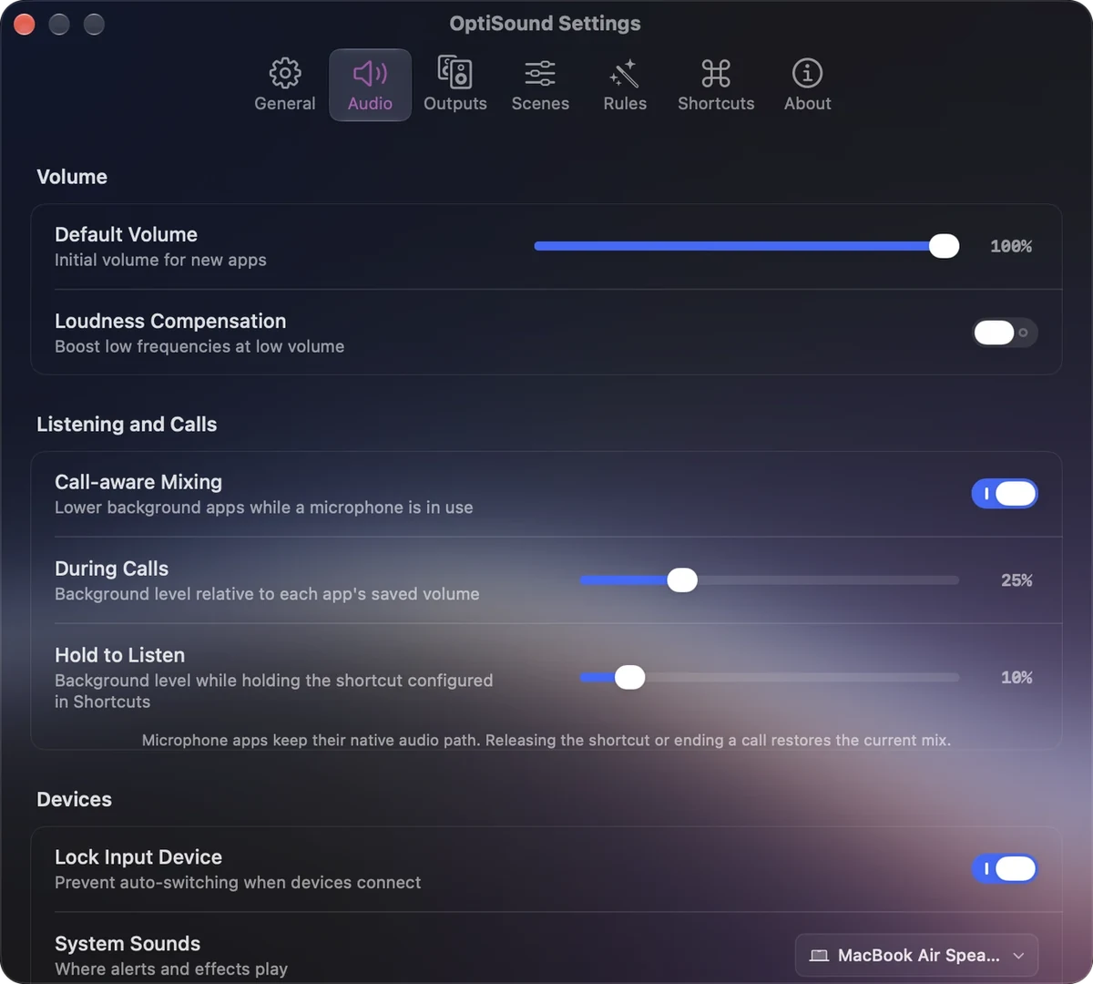 OptiSound's Audio settings with Call-aware Mixing on, During Calls and Hold to Listen levels, and input locking