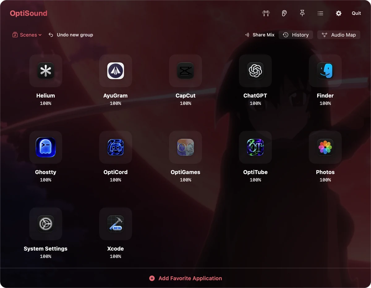 The twelve-app grid mixer in the Akame Ga Kill theme with its illustrated wallpaper