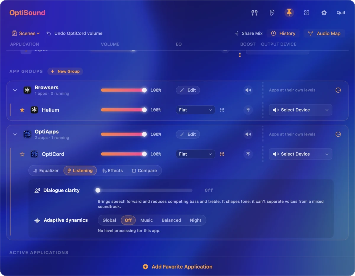 App groups with individual EQ, dialogue clarity and adaptive dynamics controls