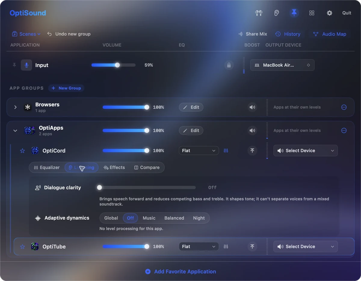 OptiSound in NightShade with Dialogue clarity and Adaptive dynamics open: Global, Off, Music, Balanced and Night