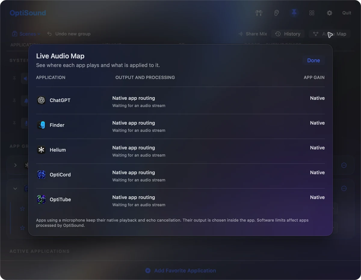 The Live Audio Map showing each app's output, processing and gain