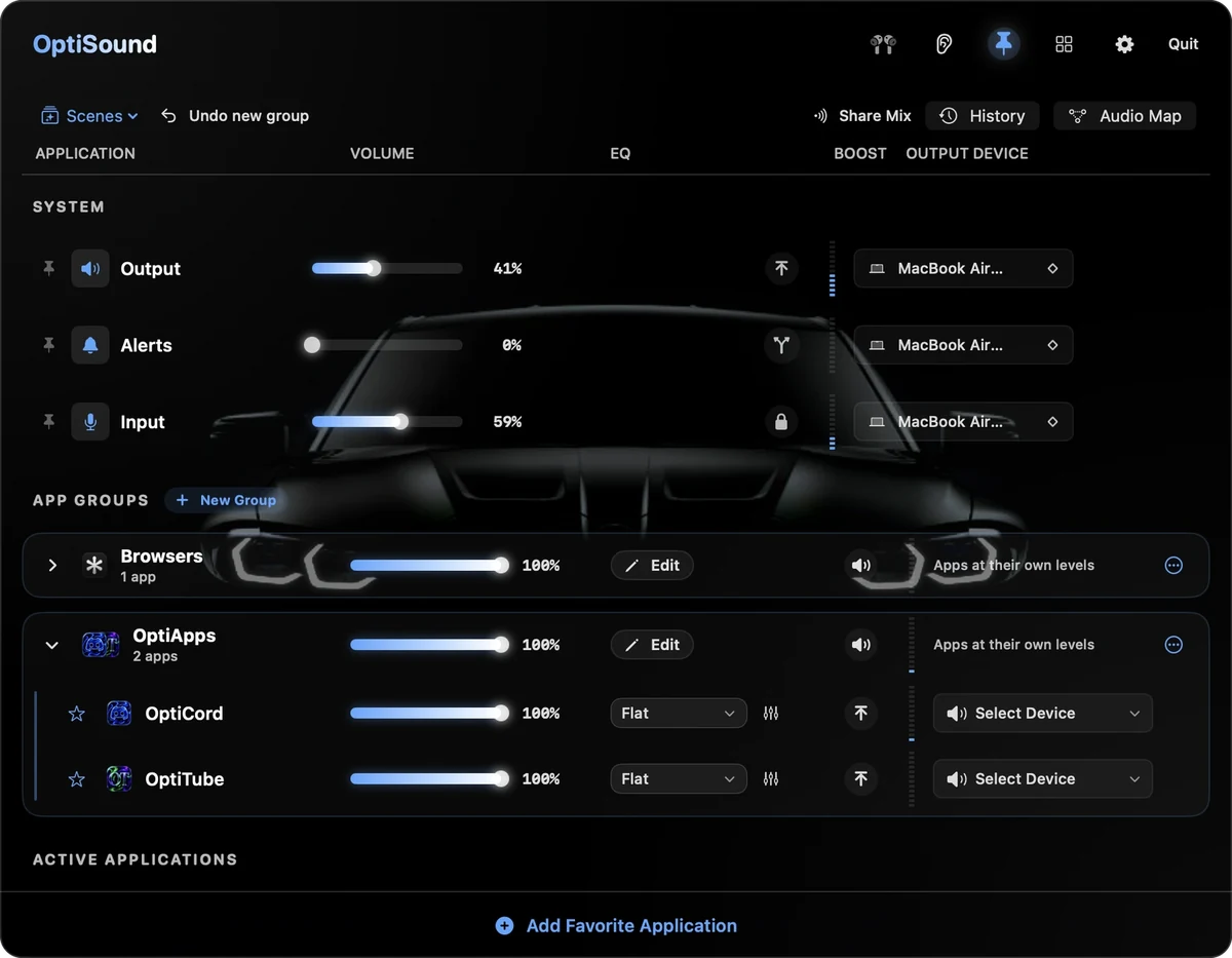 OptiSound's mixer in the M theme, with volume sliders for system audio, app groups and individual apps