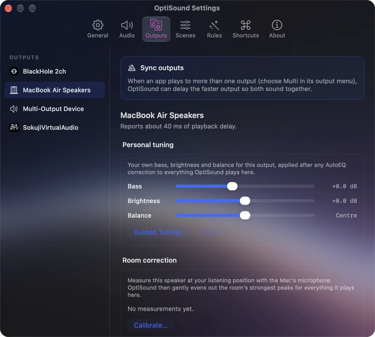OptiSound's Outputs settings: output synchronisation, bass, brightness, balance, guided tuning and room correction