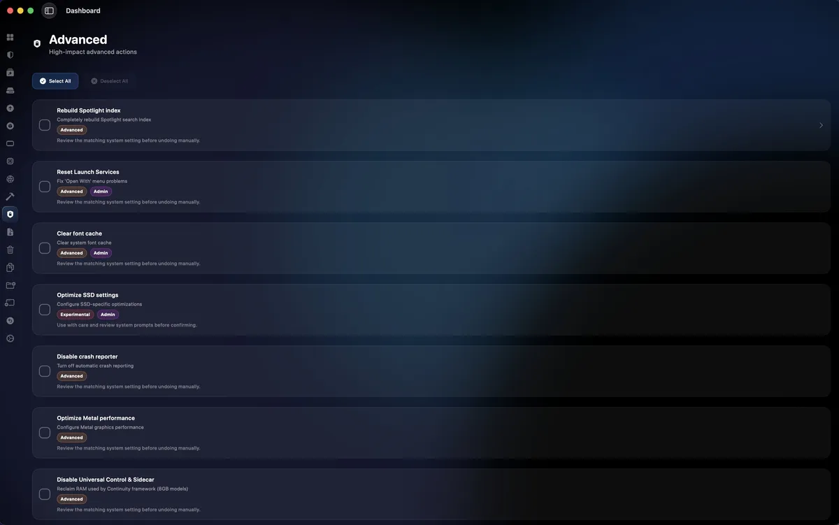 OptiMac's Advanced actions: rebuild the Spotlight index, reset Launch Services, clear the font cache, optimise SSD settings and more, each with a checkbox