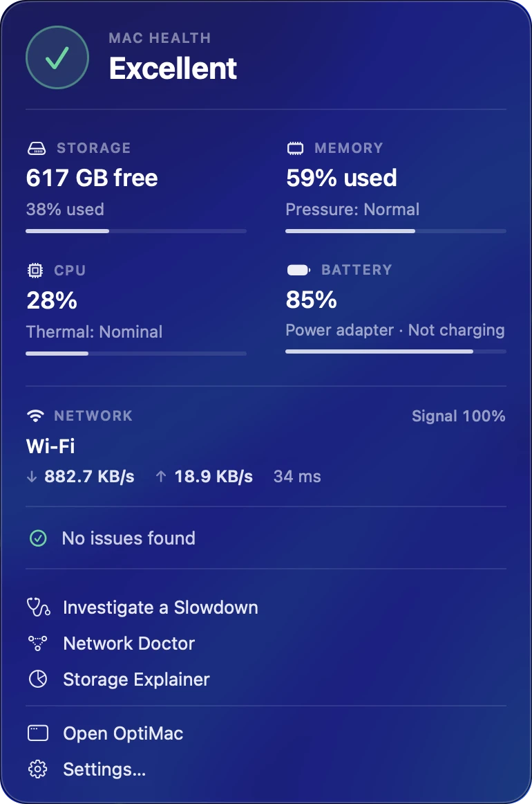Mac Health opened from the menu bar, rated Excellent: storage, memory, CPU, battery and Wi-Fi, no issues found, and shortcuts to Investigate a Slowdown, Network Doctor and Storage Explainer