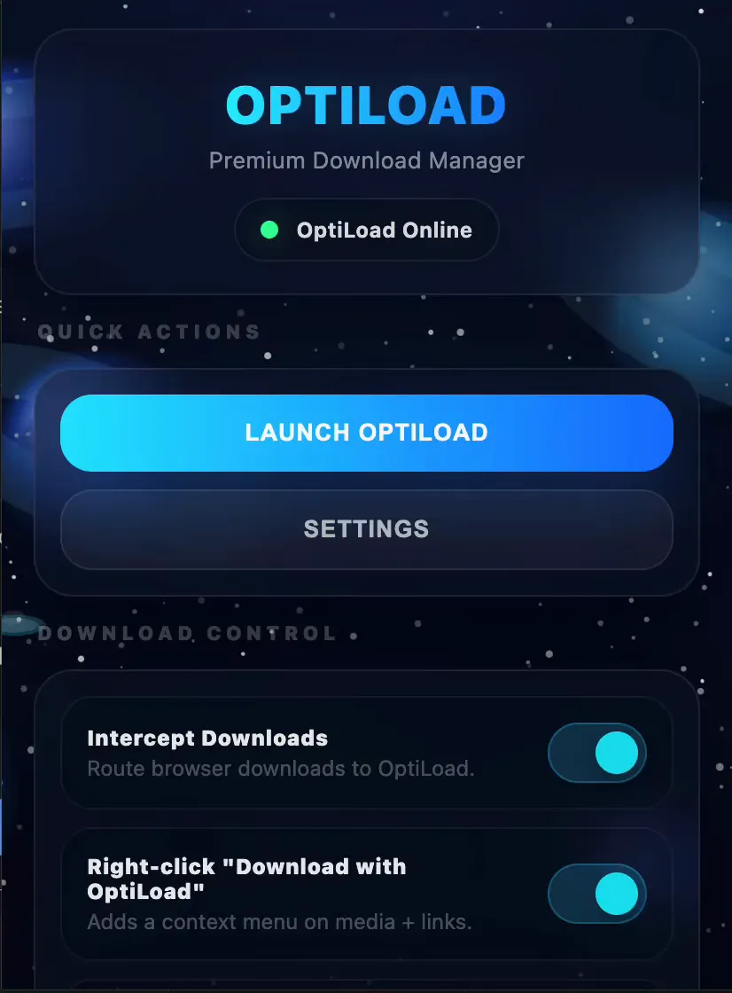 The OptiLoad extension in the browser: Launch OptiLoad, intercept downloads and right-click Download with OptiLoad