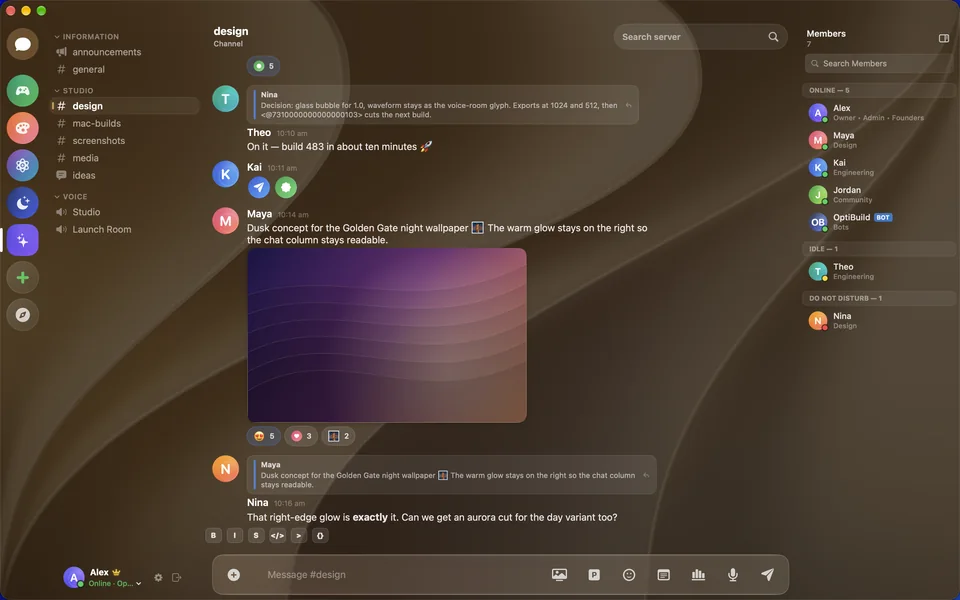A channel in a warm theme with replies and an image