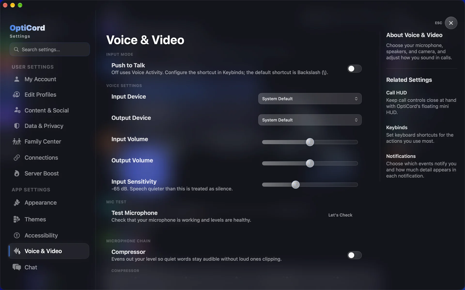 OptiCord's Voice and Video settings with input and output devices, volume sliders, a microphone test and the compressor