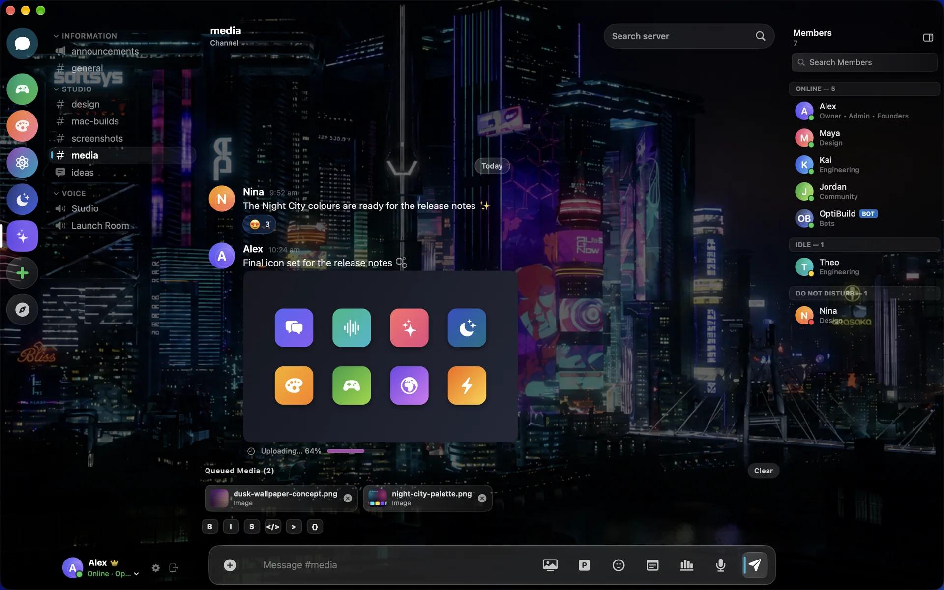 A server channel in the Night City theme, a neon skyline behind the chat