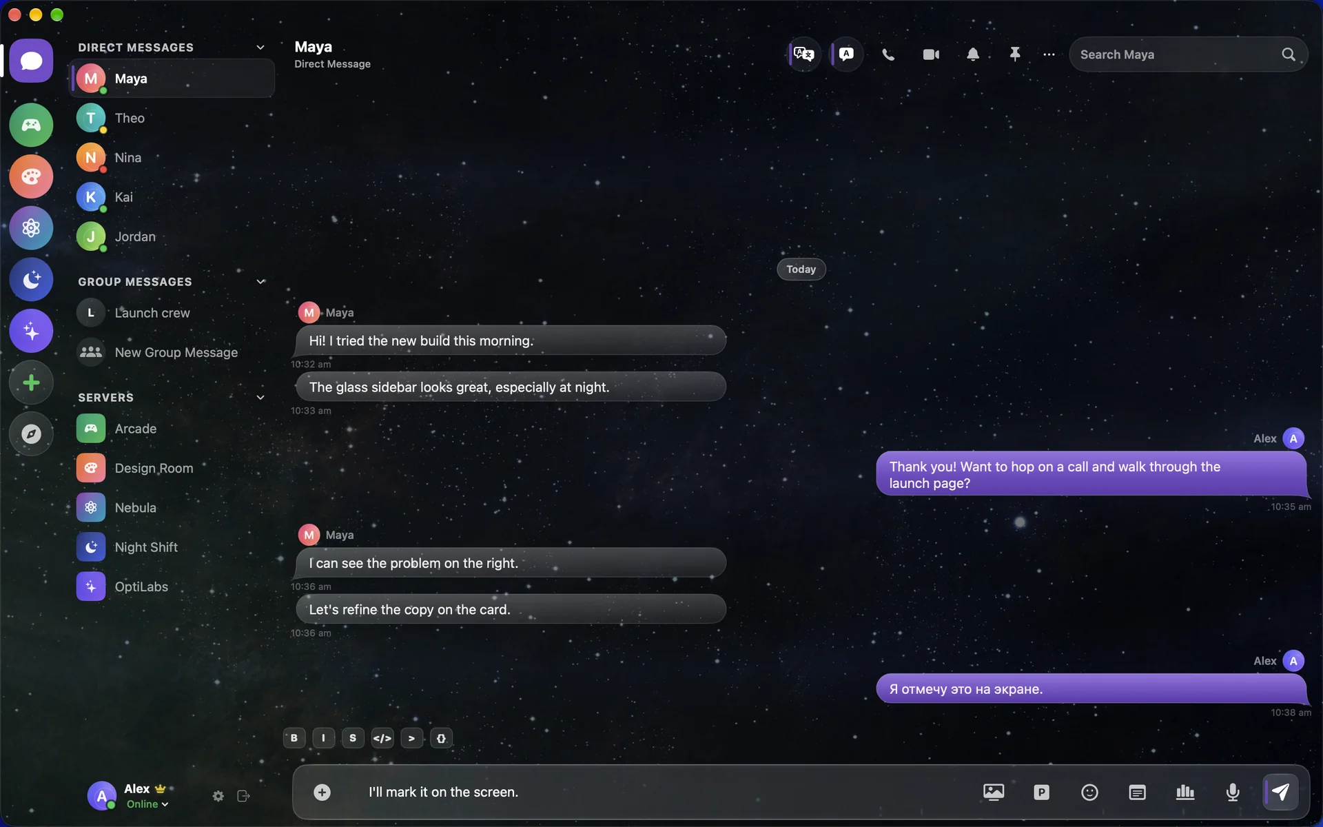 The same DM with OptiTranslate on: their messages read in English and the outgoing reply is sent in Russian