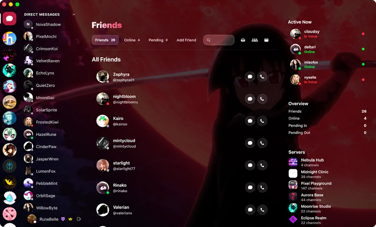 OptiCord's Friends view in the Akame Ga Kill theme