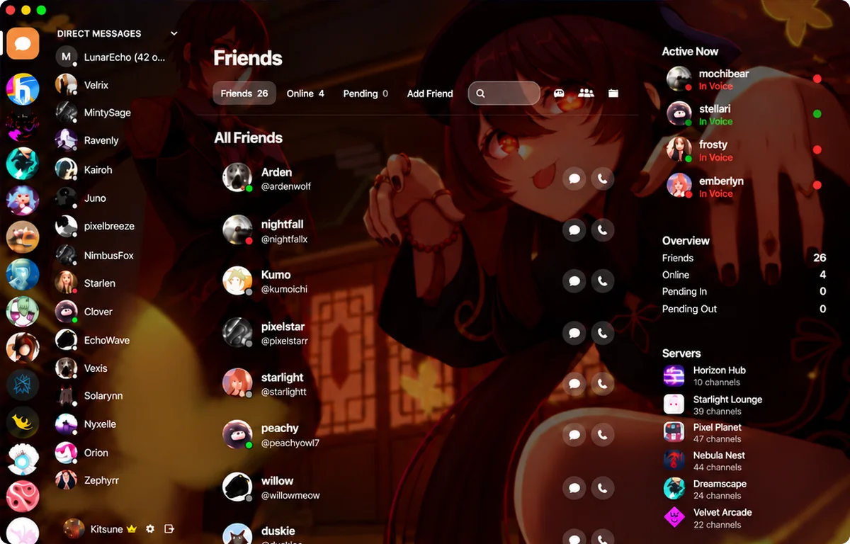 OptiCord's Friends view in the Genshin theme