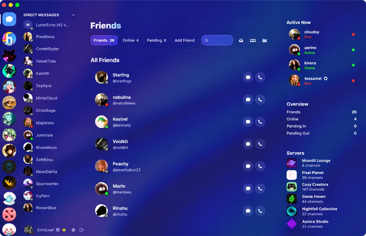 OptiCord's Friends view in the Transparent theme