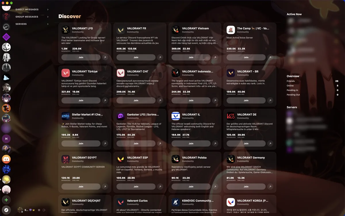 OptiCord's Discover page: a grid of public servers, each with member and online counts and a Join button