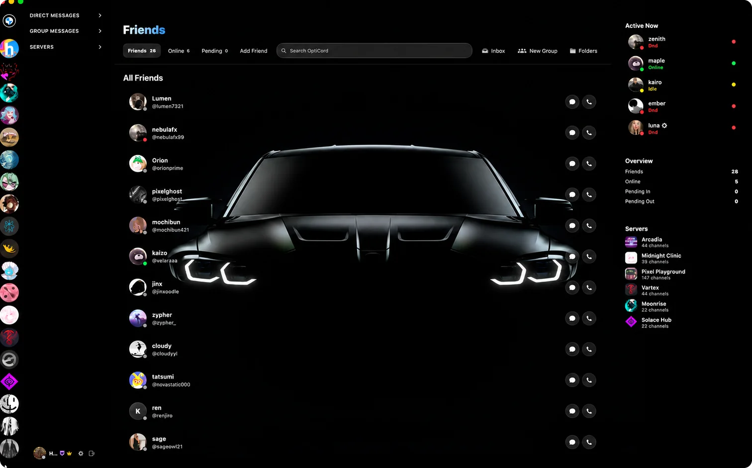 OptiCord's Friends view in the premium M theme: a black car in headlight glow behind the friends list