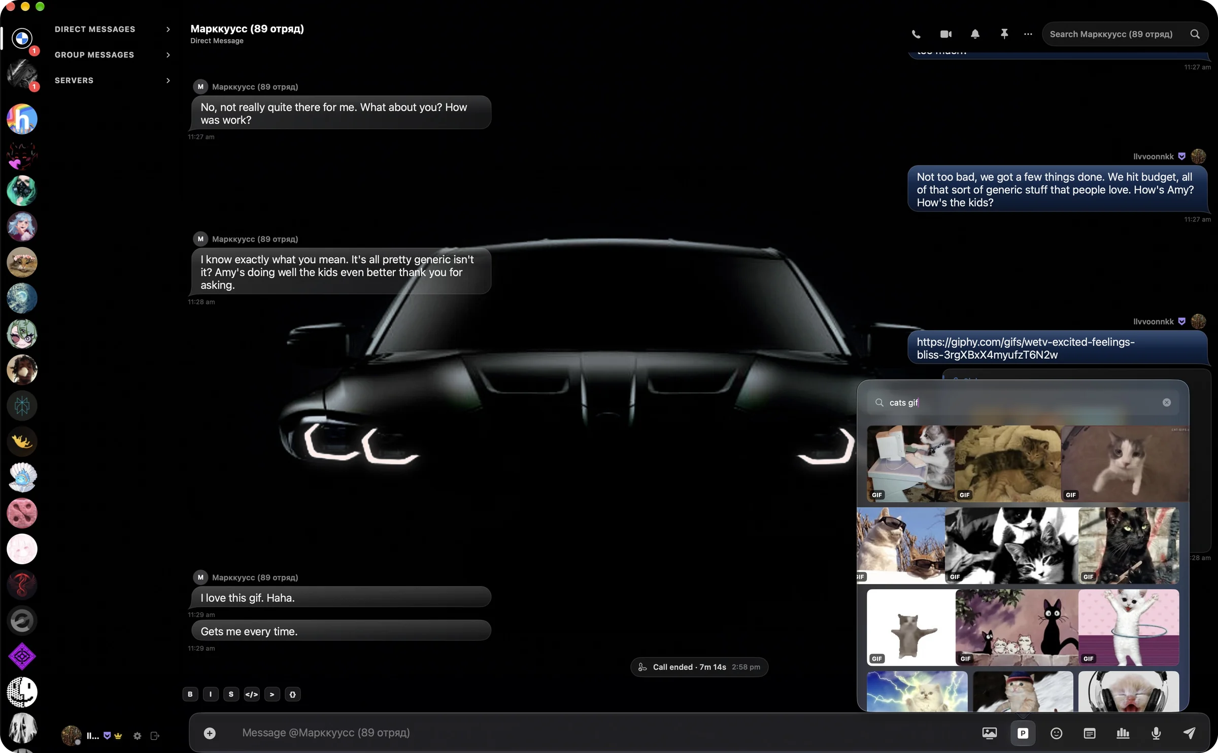 An OptiCord DM in the M theme with the Pinterest picker open above the message box, showing search results for cats gif