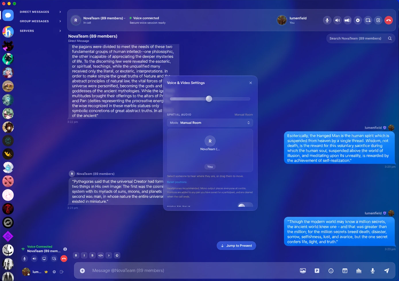 A connected OptiCord call with Voice and Video settings open and Spatial Audio set to Manual Room