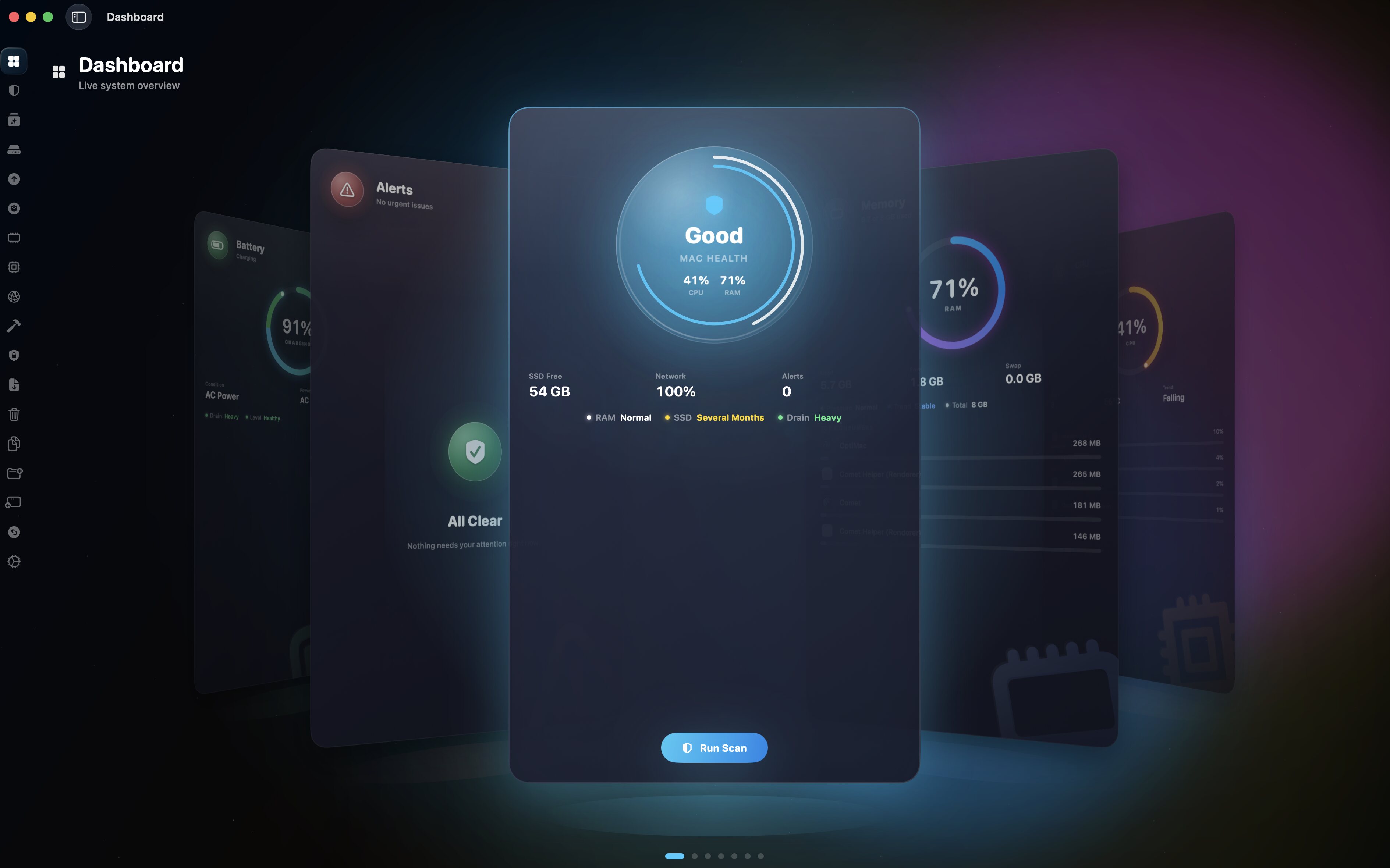 OptiMac dashboard with live system monitoring