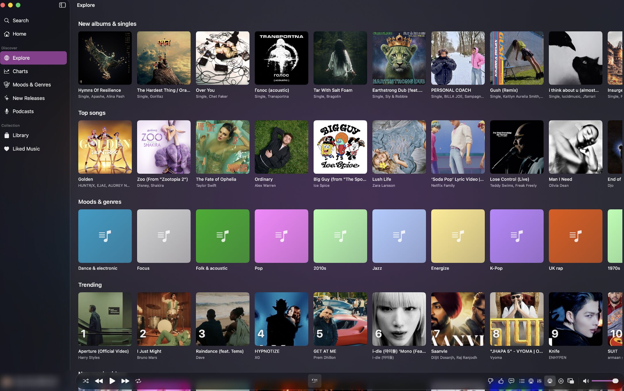 OptiTube Music explore page with recommendations and charts