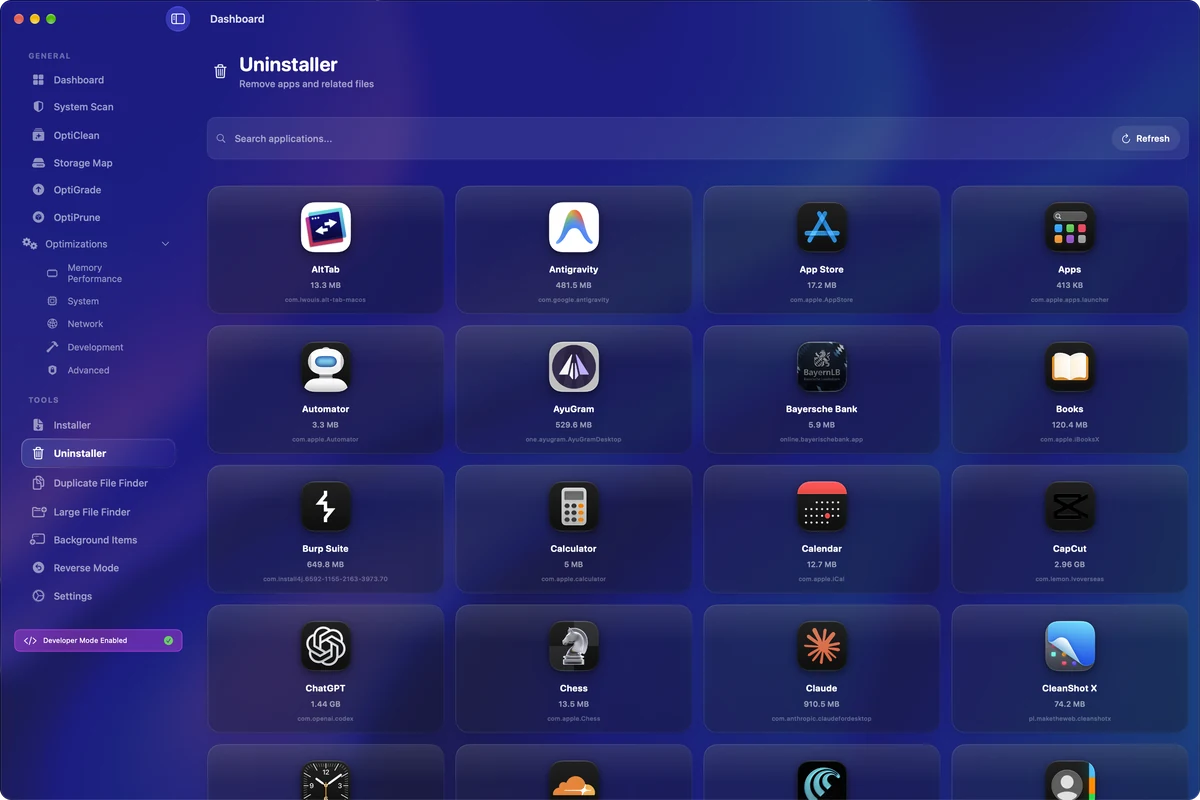 OptiMac's Uninstaller: every installed app in a grid with its size, ready to remove with its leftovers