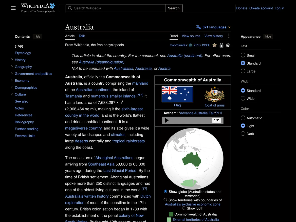 Wikipedia's Australia article with OptiDark on: flag, coat of arms and globe map in their real colours