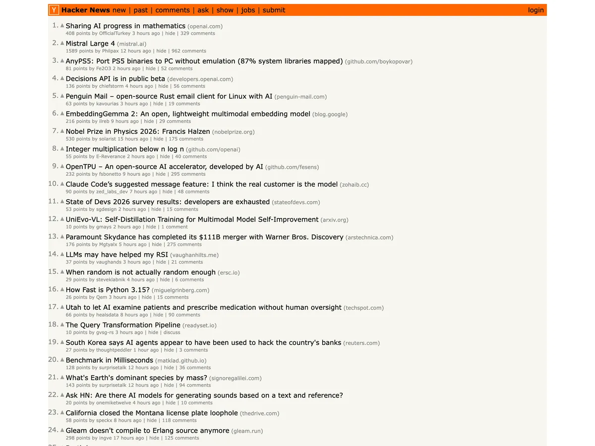 The Hacker News front page in its normal light theme