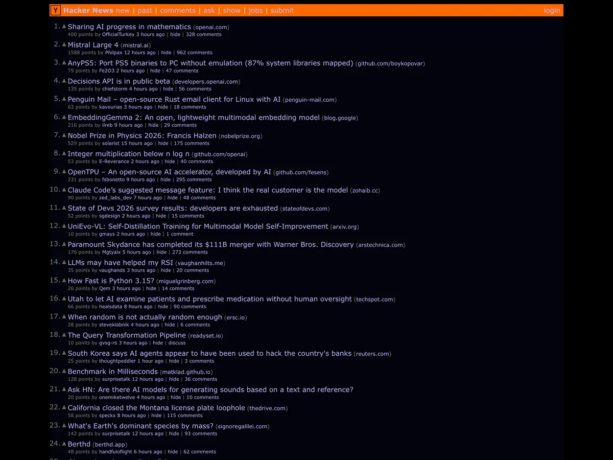 Hacker News with OptiDark on: dark page with the header still orange