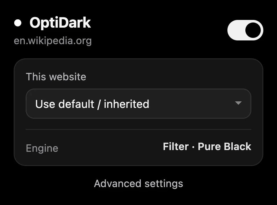 OptiDark's popup: on for this site, the engine set to Filter with Pure Black, and advanced settings