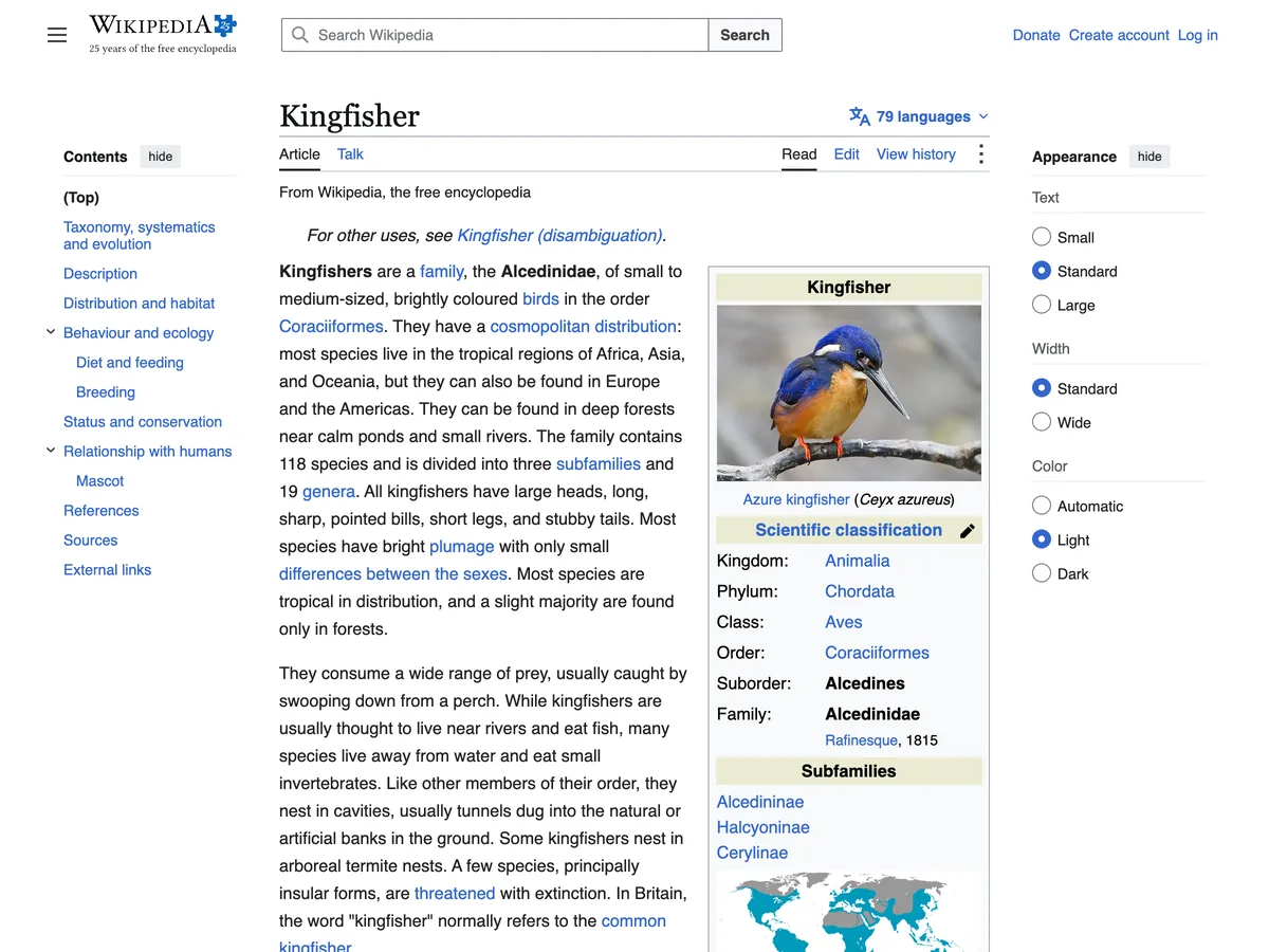 A Wikipedia article in its normal light theme
