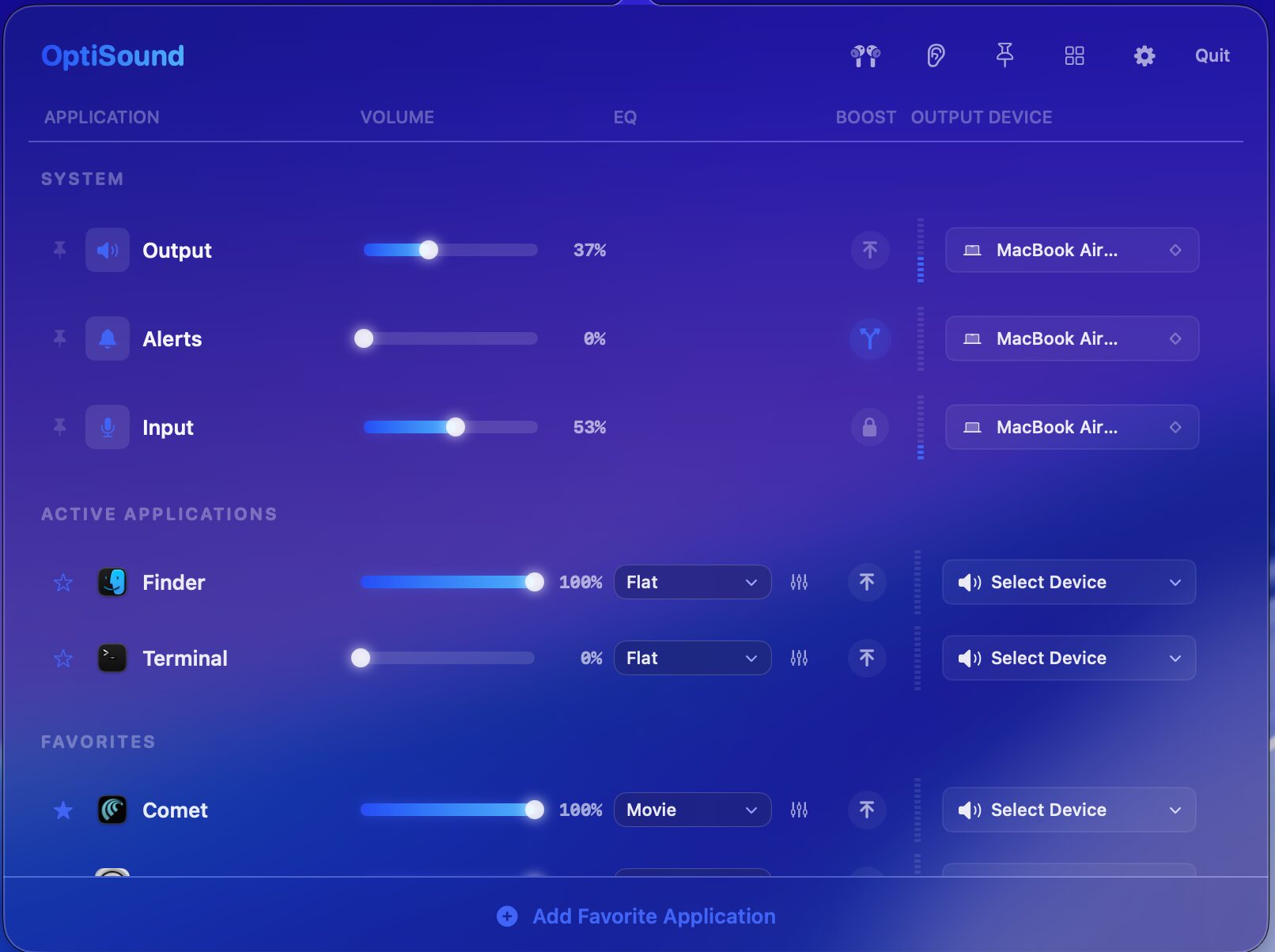 OptiSound main dashboard with per-application volume sliders and device routing