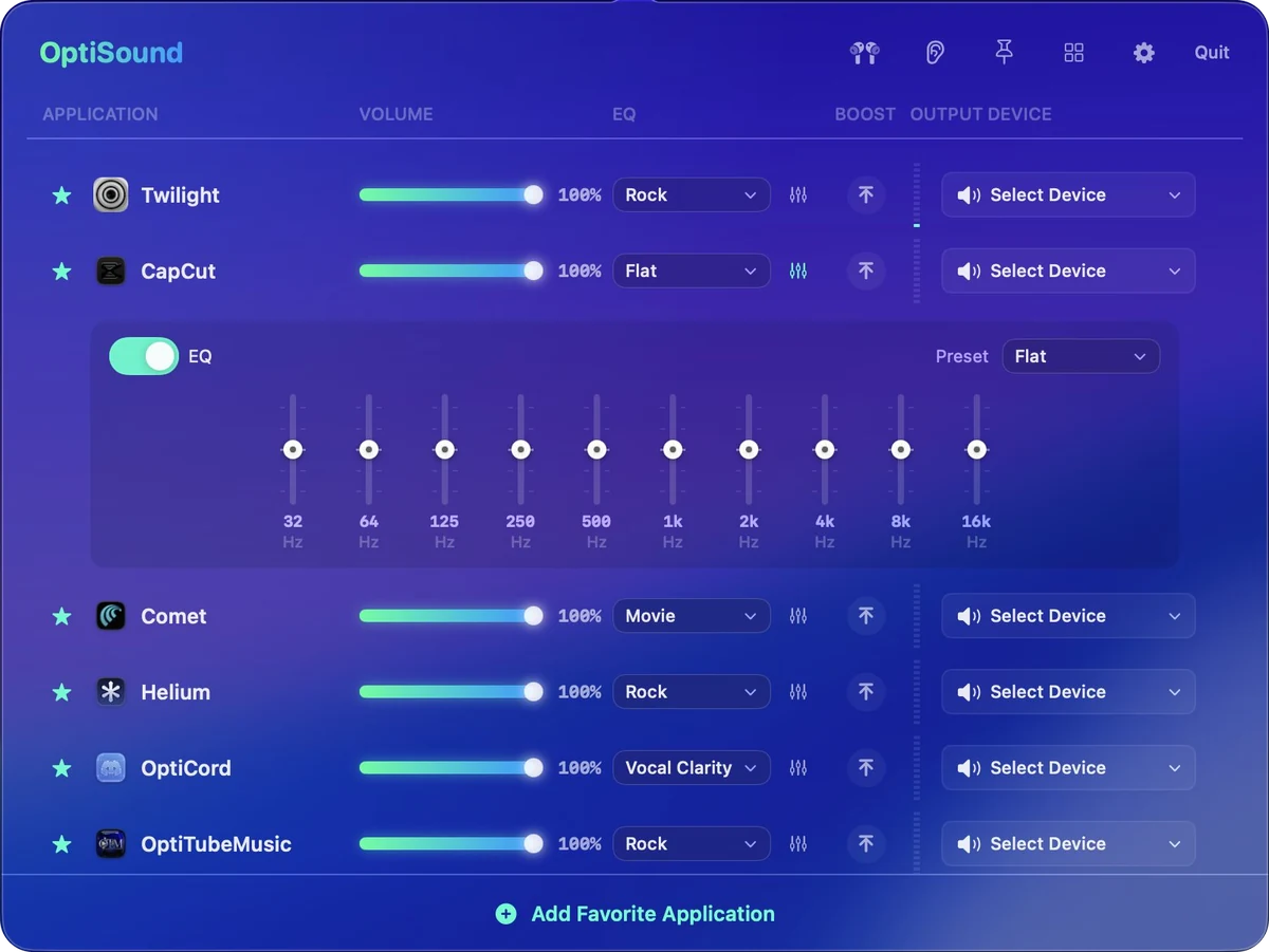 CapCut's 10-band EQ open beneath its row in OptiSound