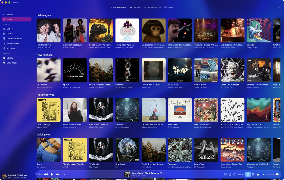 OptiTube's YouTube Music tab: Listen again, new releases, albums for you and quick picks, with the player along the bottom and the YouTube Music, YouTube, YouTube Studio and Twitch tabs across the top
