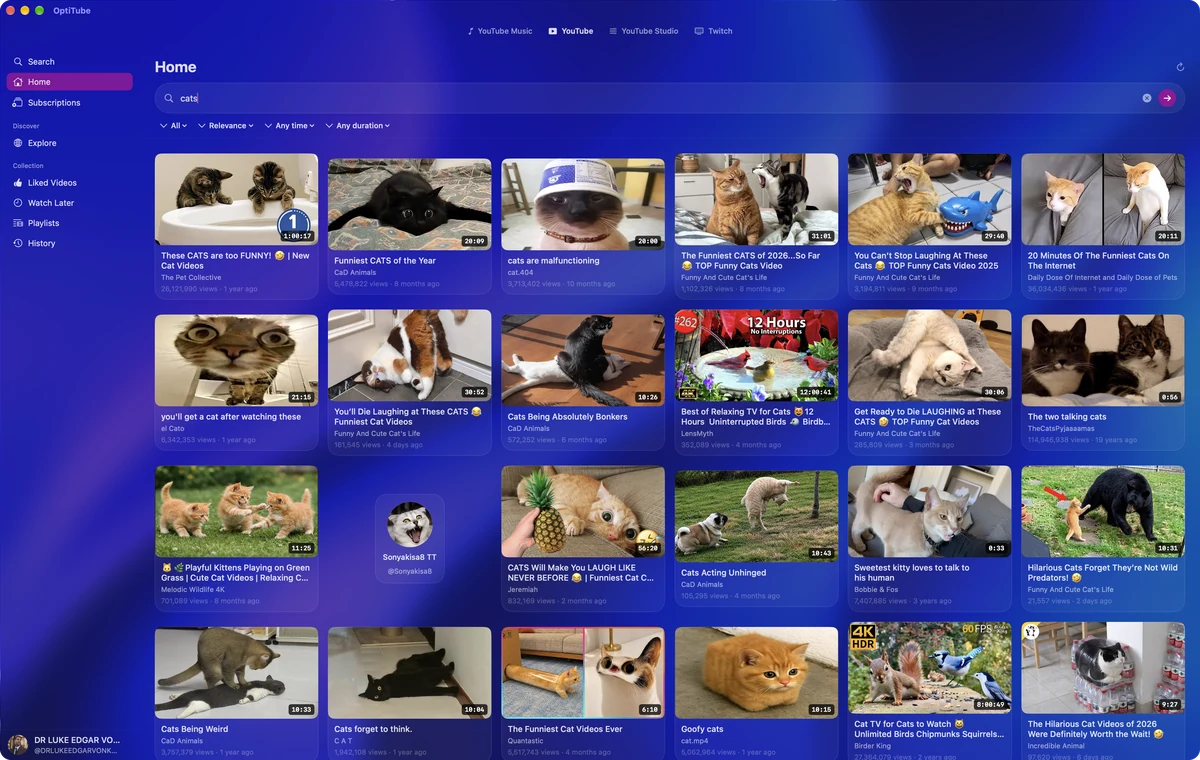 OptiTube's YouTube tab: the home feed as a grid of videos, with the four tabs across the top