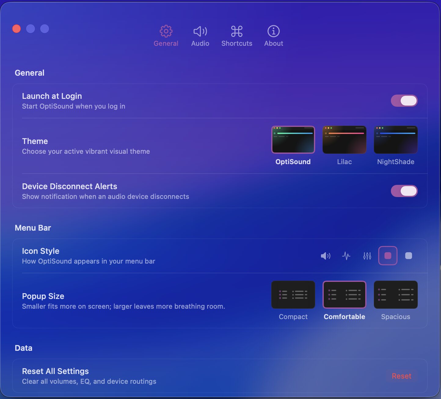 OptiSound settings · routing and device persistence controls