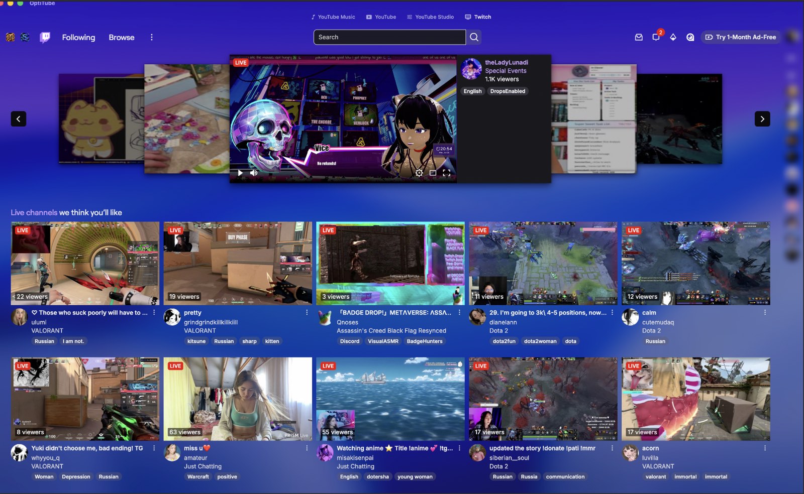 The full Twitch site running inside OptiTube, showing followed and recommended live channels