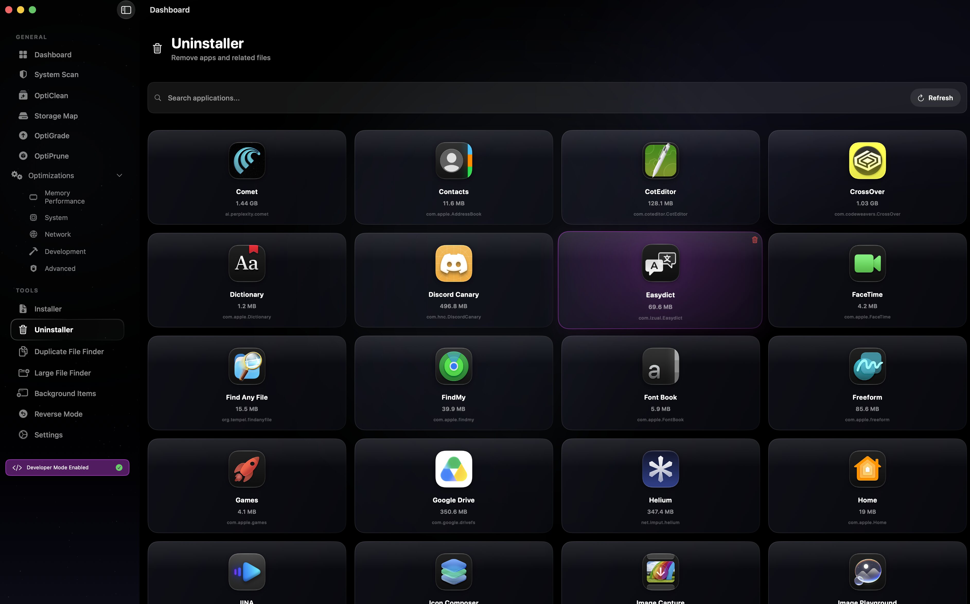 OptiMac smart uninstaller listing app leftovers